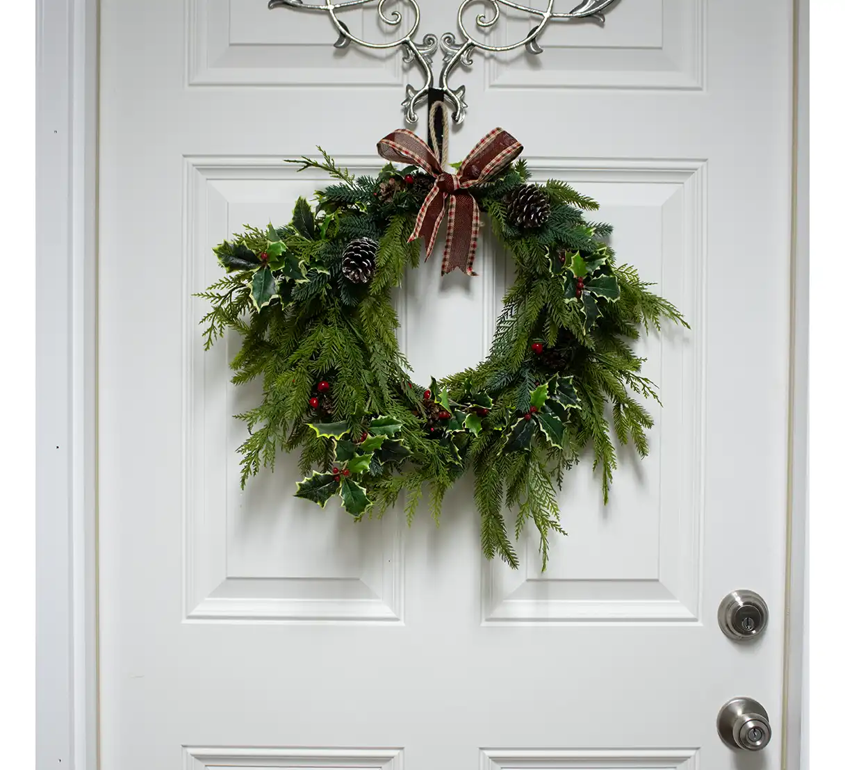 Perfect for indoor or outdoor use, this silk wreath is ideal for front doors, mantels, or walls. Its classic style and high-quality construction ensure it remains a beloved part of your seasonal decor, welcoming guests with warmth and holiday cheer year after year.
