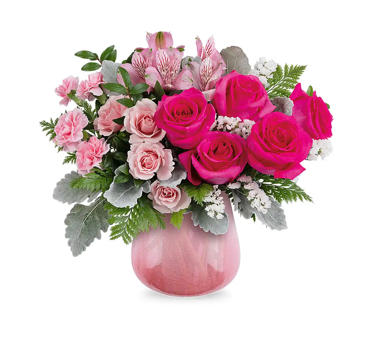Pink rose and carnation bouquet in a translucent pink glass vase.