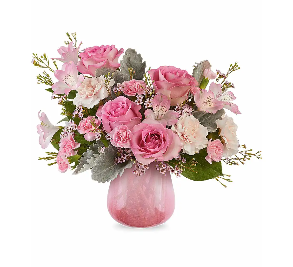 Pink rose and carnation bouquet in a translucent pink gradient vase.